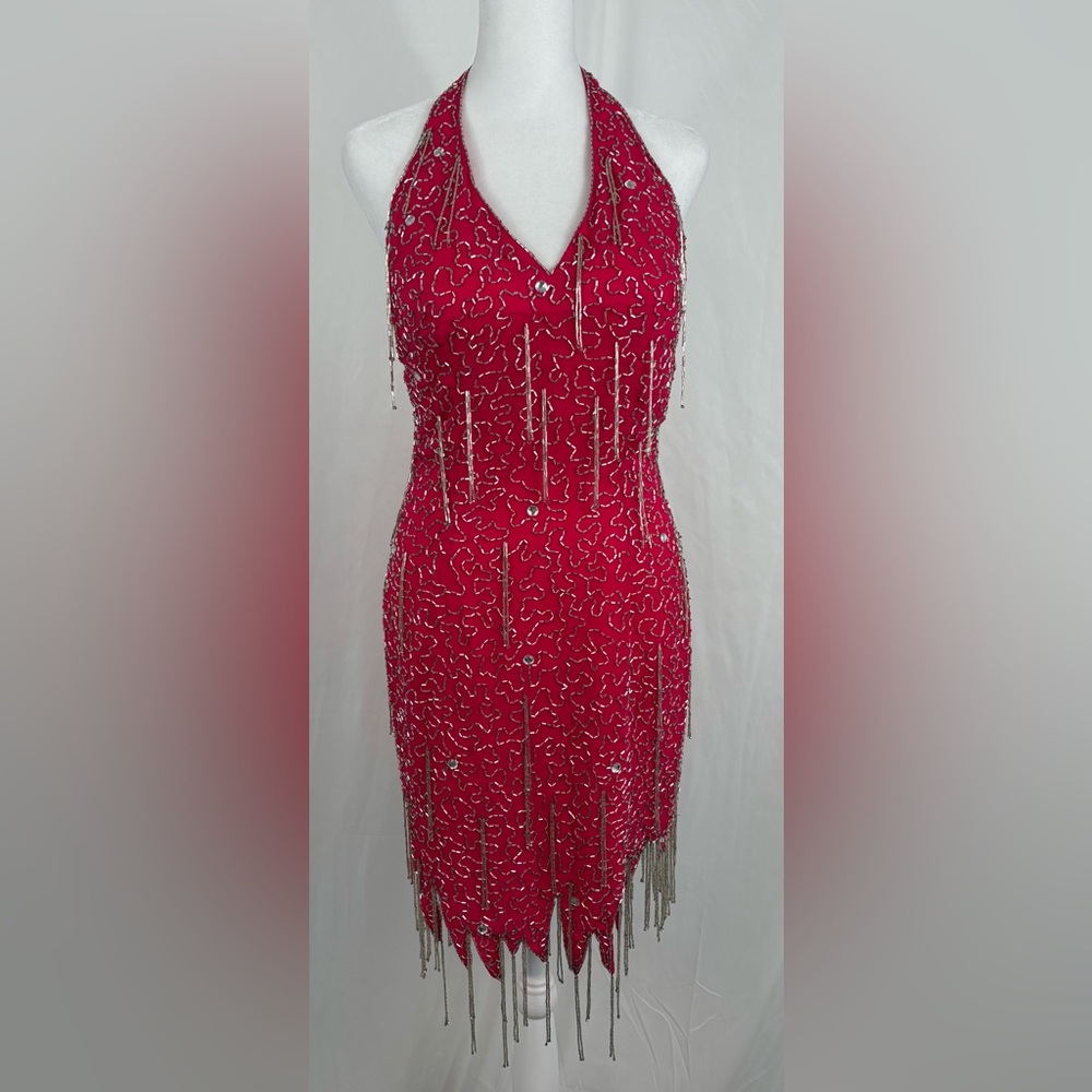 🤩Host Pick🤩 Vintage 1980s Nite Line Dark Pink Beaded Halter Dress, 6